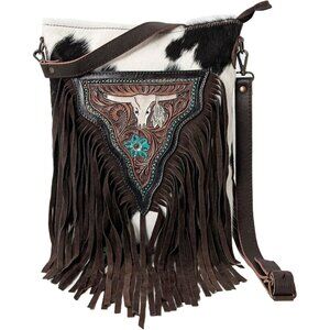Women Leather Handbag Cowhide Floral Patch Adjustable Strap Boho Style